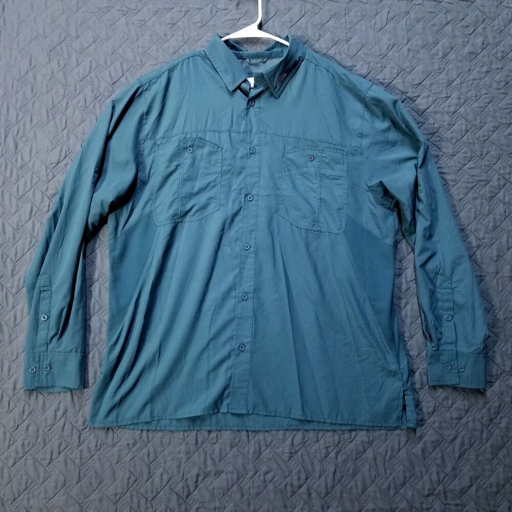 Fintech Shirt Mens XL Blue Button Up Casual Long Sleeve Collared Dark‎ Wash